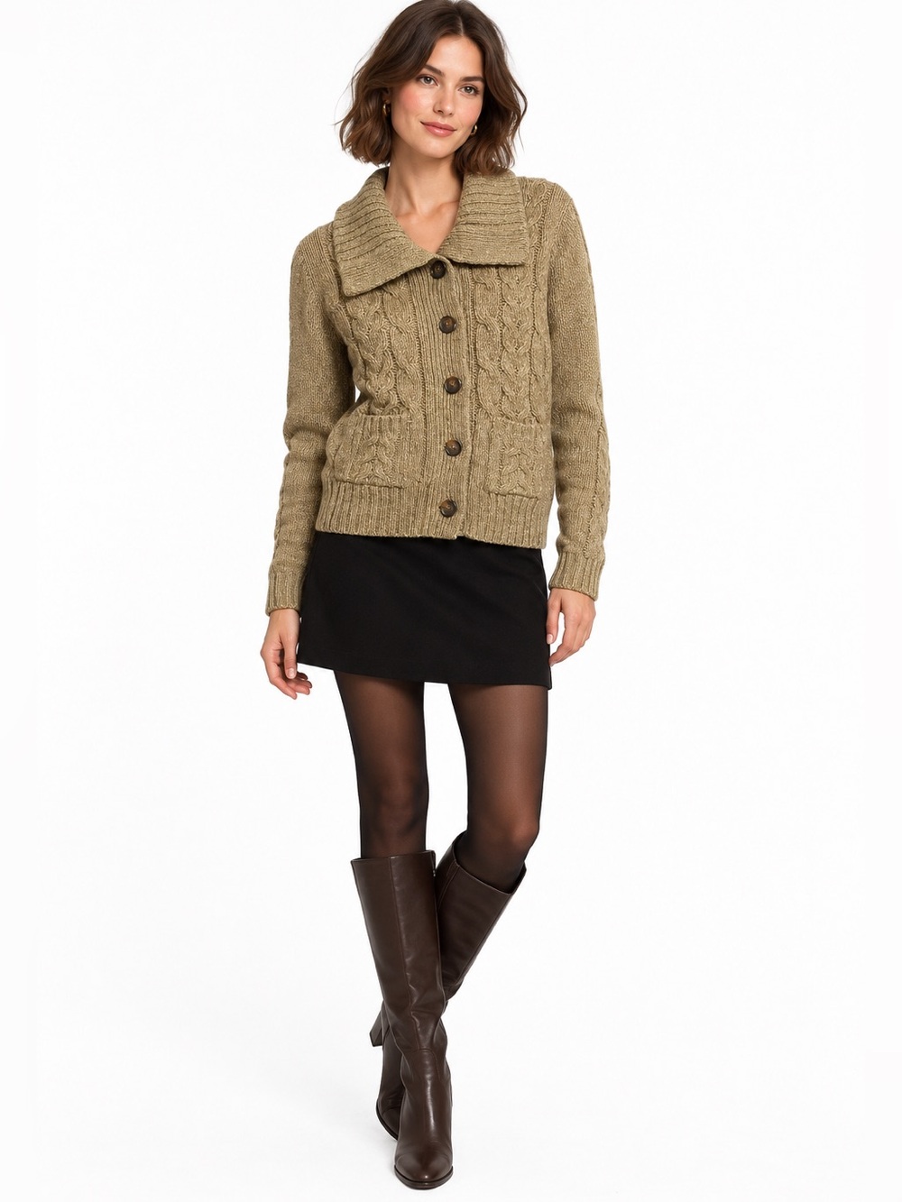 St John’s Bay Vintage brown oatmeal cable knit cozy button up collar sweater PM